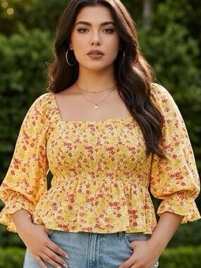 Dip Babydoll Floral Top Womens XL Smocked Puff Sleeve Fairy Boho Cottagecore